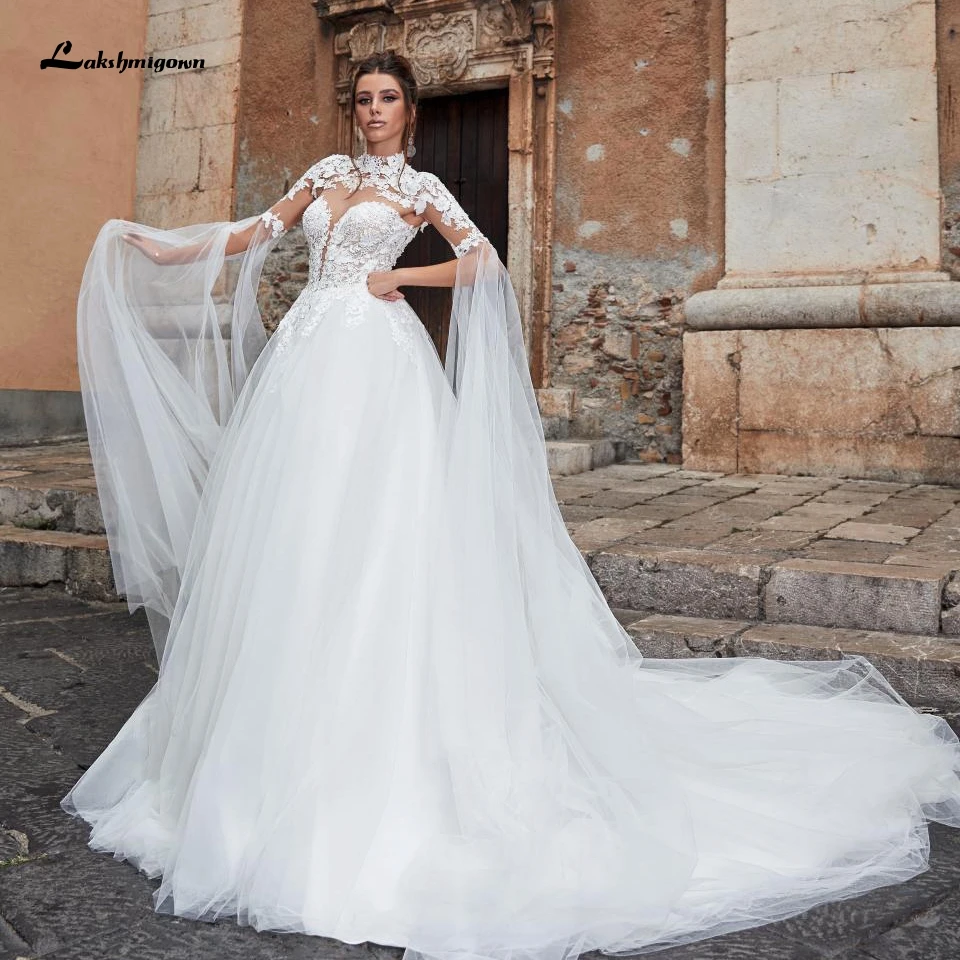

Chic Muslim White Wedding Dress with Detachable Wrap 2020 Robe de Mariee Sheer Illusion Lace Tulle Luxury Wedding Gowns