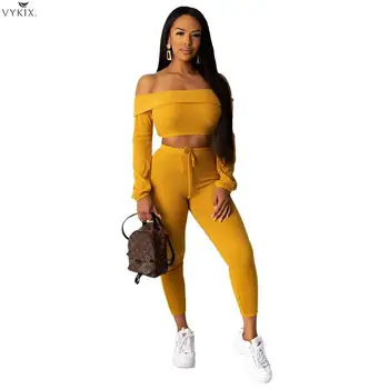 

Spring Casual Ribbed Two Piece Set Top And Pants Folded Slash Neck Long Sleeve Crop Top Pencil Pants Women Track Suit Outfits