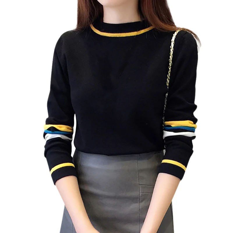 

Women T-Shirt Knit Stripes Long Sleeve Autumn Korean Tshirt Tops O- Neck Slim Sweet Elegant Women Clothes