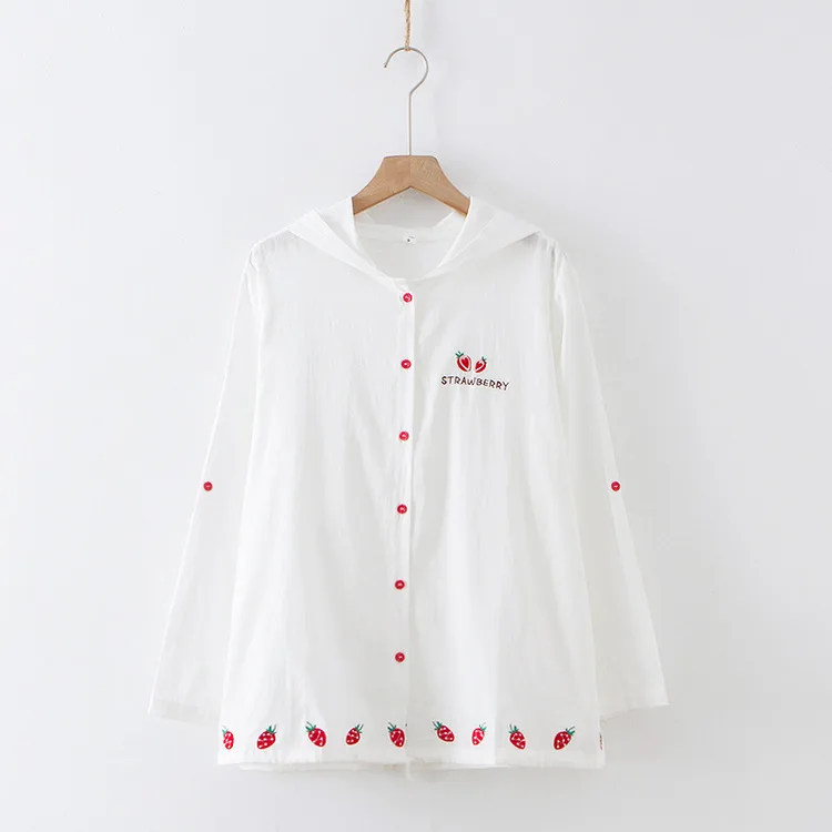 

Japanese-style Strawberry Embroidered Long Sleeve Light Jacket Student Versatile Hooded Coat 19 Spring And Summer Airable Shirt