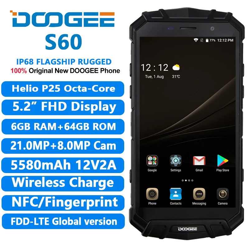 DOOGEE S60 4G LTE мобильный телефон 5," Helio P25 Восьмиядерный 6 ГБ ОЗУ 64 Гб ПЗУ Android 7,0 5580 мАч МП IP68 водонепроницаемый