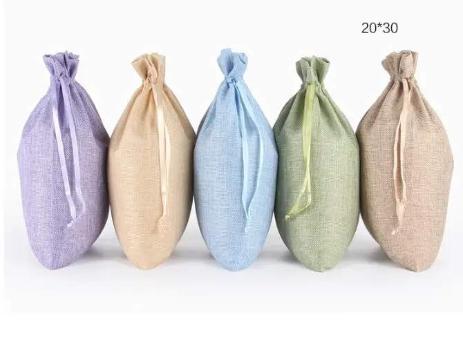 10pcs/lot 20x30cm Big Burlap Jute Linen Drawstring Bag Christmas Wedding Bags With Candy Gift Colorful Pouches Can Print Logo