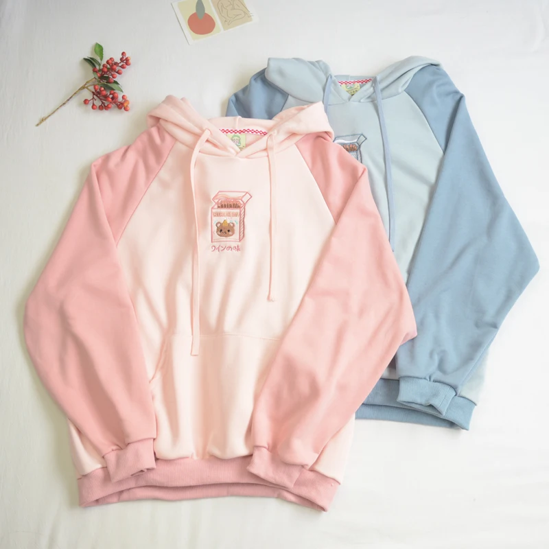 Cute Spring Women's Loose Hoodies Milk Box Bear Embroidery Pullovers Hooded Patchwork Tops Pink &amp Blue | Женская одежда