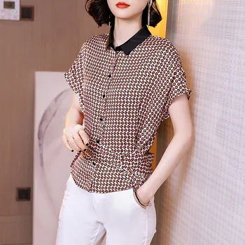 

Europe New Women Summer High Fashion Turn Down Collar Short Sleeve Single Breasted Chiffon Blouse Top Female Casual Loose Shirt