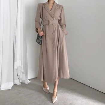 

Women Double Breasted Slim Trench Coat Sashes Female Winter Office Lady Solid Long Trench