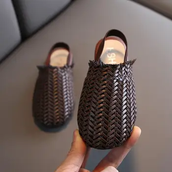 

New Girls Knitted PU Leather Sandals 2020 Summer Retro Slip-on Casual Shoes Kids Sandals Black Beige Slippers
