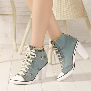 

New Arrival Popular Style High-heeled Shoes Spring Autumn High Top Lace-Up Ankle Boots Free Shipping Light Blue Denim Dark Blue Ankle Boots For Women US Size 10