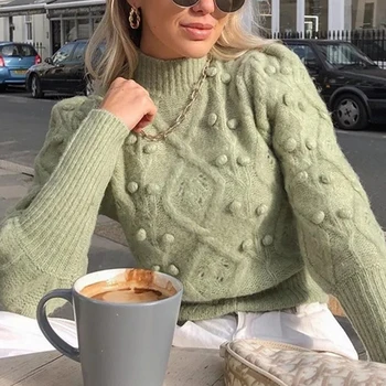 

FORYUNSHES women turtleneck ball twist sweater vintage ladies green knitted jumper tops New autumn winter 2020 Pullovers female