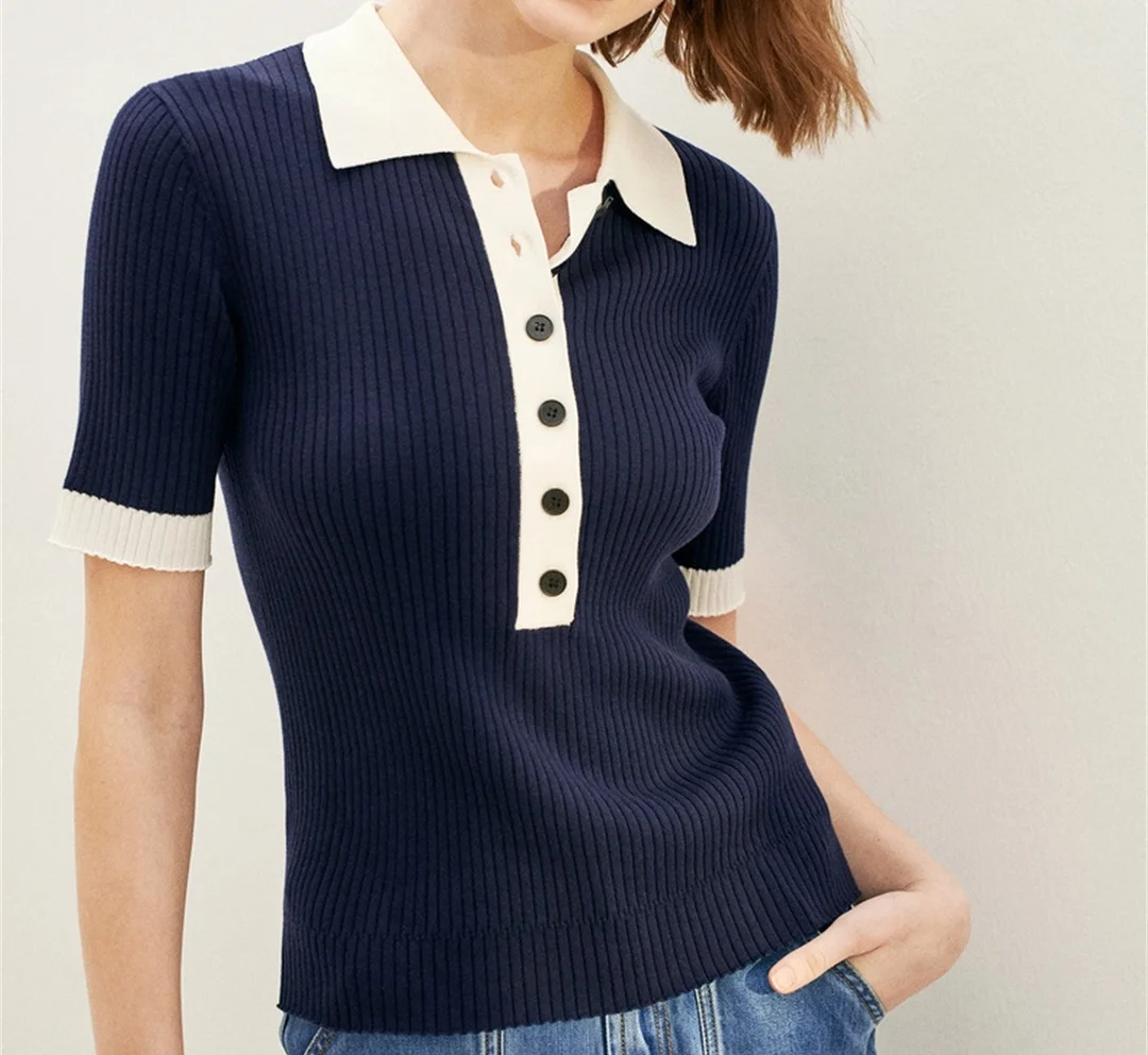 Autumn New Simple Polo Shirt Short Sleeve Shirt Women with Slim Elastic Knitted Shirts