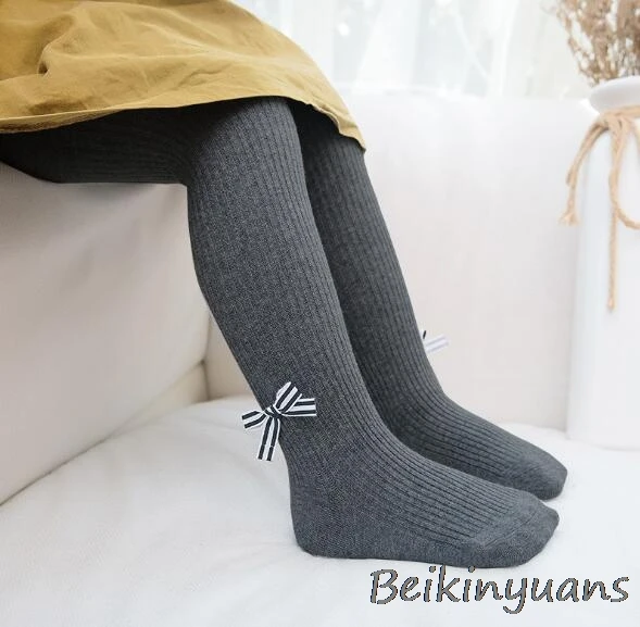 Dark gray Детские колготки из чесаного хлопка с бантом; сезон весна-осень; детские колготки с бантом и вертикальными полосками; штаны для девочек; большие детские колготки - Цвет: Dark gray