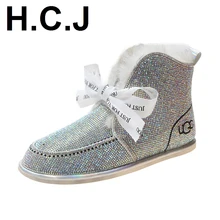 Для женщин зимние ботинки на открытом воздухе, сохраняющие тепло, мех внутри теплая обувь женская обувь, мягкое покрытие(флок), без шнуровки, на шерстяные ботинки Твердые Стразы повседневные ботинки