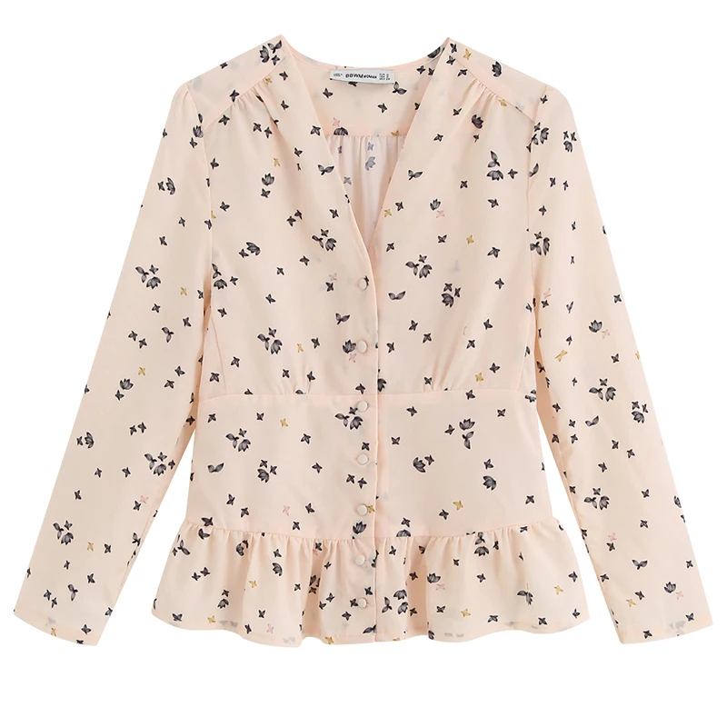 

RR Hemp V Neck Blouses Women Fashion Floral Ruffles Shirts Women Elegant Buttons Tops Female Ladies HL