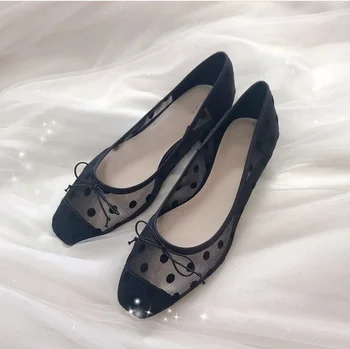 

Womens Dots Mesh Breathable Bowknot Low Heel Slip On Pumps Loafers Square Toe Sweet Shoes Leather Black White Pink C594