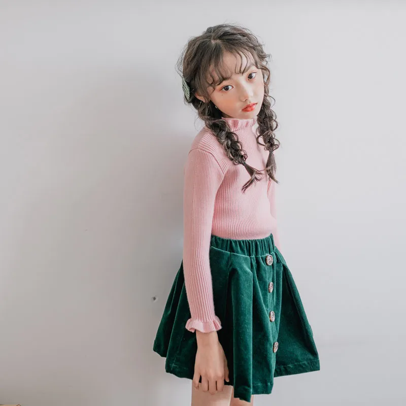 

2019 Autumn And Winter New Style Simple Casual Frilled Long Sleeve Girls Base Knitting Shirt Multi-color Versatile Children Chil
