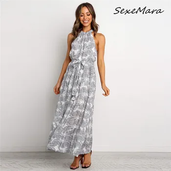 

New Arrival Vintage Women Print Long Dress 2020 Summer O-neck Sleeveless Slim Dress Ladies
