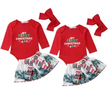 Модный милый детский комбинезон для новорожденных на Рождество красная юбка с принтом+ повязка на голову комплект одежды из 3 предметов для маленьких девочек
