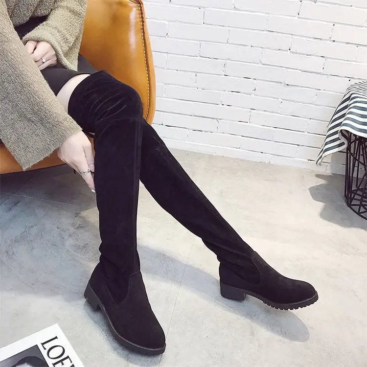 

Hot Selling Thigh Boot over-the-Knee Autumn And Winter Women's Boots Biker Boots Rubber Semi-high Heeled Thigh Boot Suede Sued