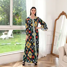 

Fashion Muslim Jalabiya Printed Long Dress for Women Islamic Abaya Dubai Moroccan Caftan Turkey Arabic Eid Ramadan Ladies Robe