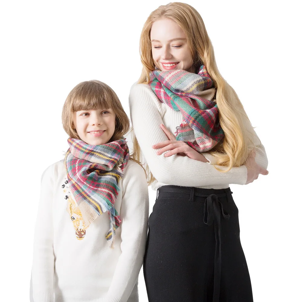 

2019 Winter Cashmere Scarf Women Plaid Blanket New Designer Triangle Pashmina Kids Shawls Scarves For Mother Girls