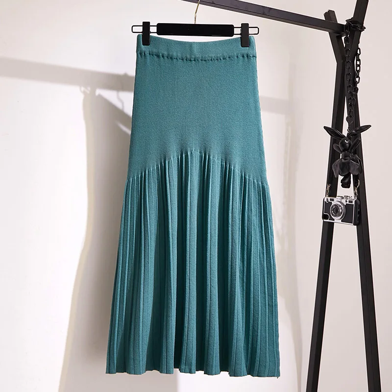 Вязанные шерстяные плиссированные юбки для зимы и осени, женские длинные пуговицы для юбки с высокой талией, эластичные юбки средней длины с большим подолом, зеленые бежевые юбки