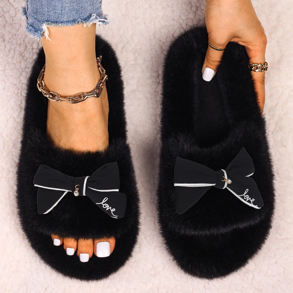 Women's Slippers Fluffy Flip Flops Bowknot Decor Furry Slides Faux Fur Indoor Slippers Ladies Cute Flat Sandals Female Fur Shoes