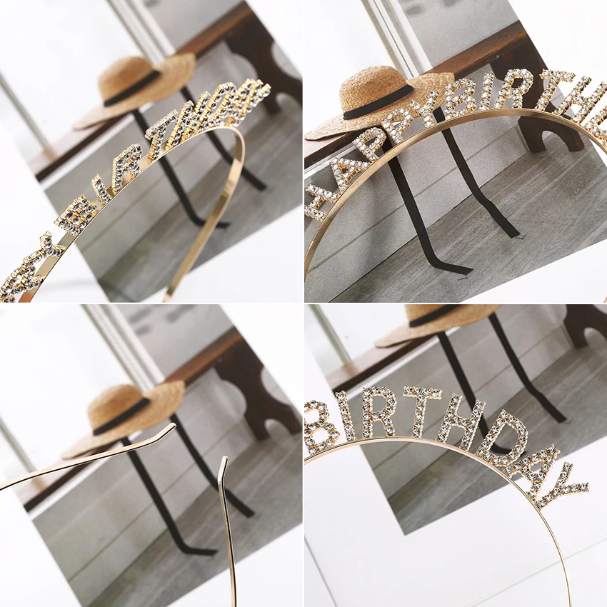LEVAO Rose Gold Silver Headband Happy Birthday Hair Band Headwear Fashion Rhinestone Girls Women\'s Alloy Hoops ​Hair Accessories