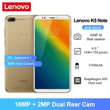 Lenovo K5 Note Smartphone 6.0" Snapdragon 450 Octa core 8MP Front Camera 3760mAh 4GB 64GB 4G LTE Cellphone