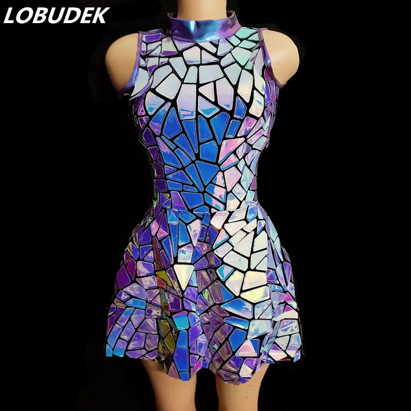 Purple Blue Laser Mirror Sequins Sleeveless Short Dress Women Singer Dancer Bar Nightclub Stage Wear Birthday Prom Show Costume dance dress rhinestones dress women dance costume stage performance costume