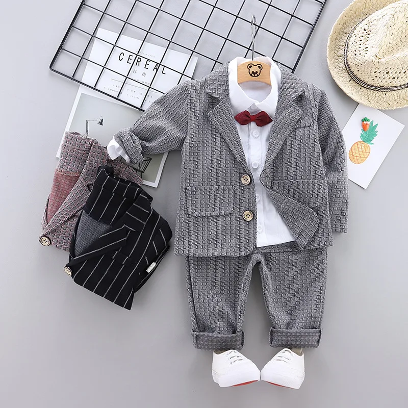 

2019 Children Korean-style Stripes Suit Jacket Autumn New Style Long-sleeved Shirt Bowtie Three-piece Set Children