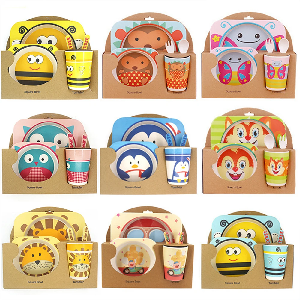 

5pcs Children’s Dishes Baby Plates Cartoon Bamboo Tableware Animal Baby Feeding Bowl Baby Feeding Bowl Children's Plate