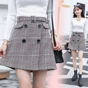 

2020 New Skirt Women's Fashion Elegant Leather Belt Woolen Skirt A- line Skirt Large Size High-waisted Slimming Skirt