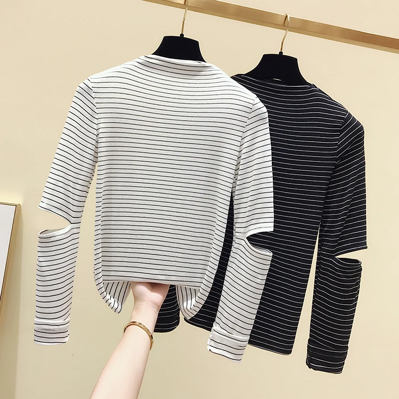

gkfnmt Korea Style Chic Fashion T-shirt Women Tops Long Sleeve Hollow Out White Striped Tshirt Women Autumn Winter Top Tee Shirt