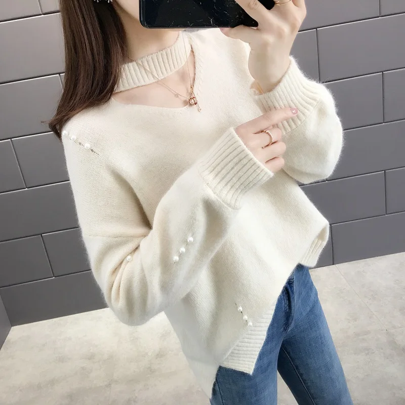 

Women Chic V neck Beading Off White Knitted Sweater Korean Style Knitwear Pink Pullovers Winter Sweaters Ladies Fall Tops Q9048