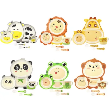 

5Pcs/Set Baby Dishes Plates Sets Toddler Cartoon Dinnerware Children Natural Bamboo Fiber Home Bowl Cup Spoon Plate Tableware