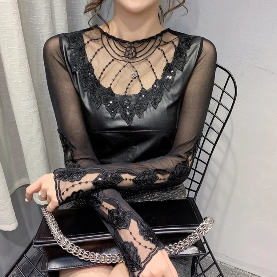 Blusas mujer de moda осенняя и зимняя новая Кружевная блуза Женская прошитая Сексуальная Облегающая рубашка размера плюс с длинным рукавом женская блуза