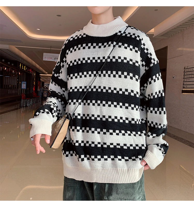 Winter Sweater Men Warm Fashion Contrast Color Casual Knit Sweater Man Sweter Clothes Loose Long-sleeved Pullover Male Clothes