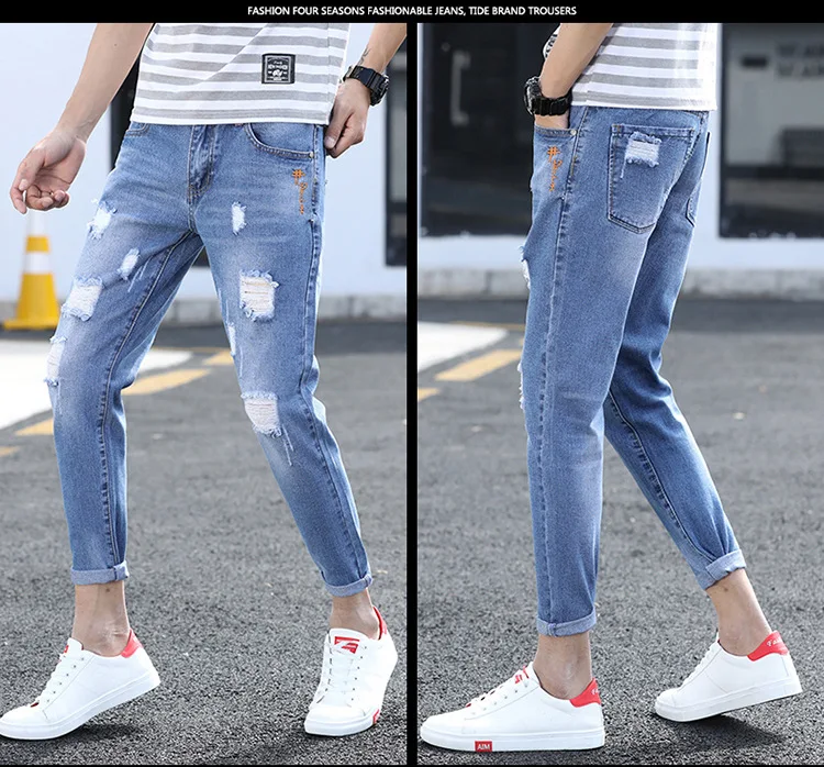 Модные однотонные плюс Размеры Брендовые мужские джинсы Повседневное отверстие джинсовые узкие брюки по щиколотку "рваные" джинсы Hombre