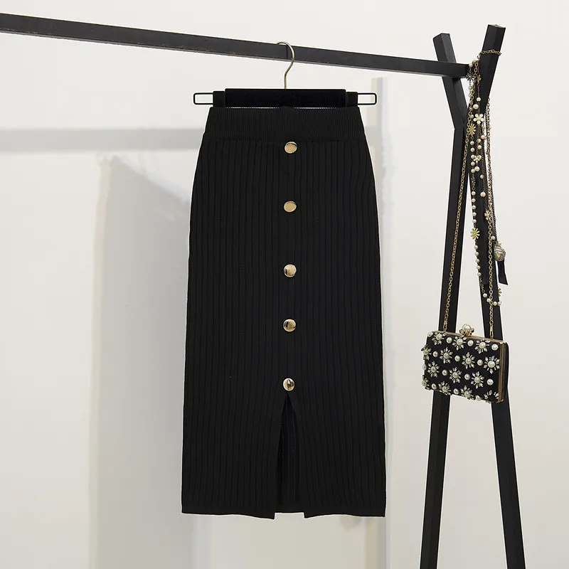 Однотонная вязаная юбка для женщин; сезон зима-осень; один размер; эластичная высокая посадка на пуговице; элегантная японская офисная юбка в стиле Харадзюку; B13 - Цвет: Черный
