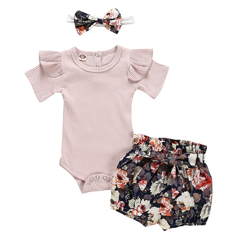 Новинка года; однотонные топы для маленьких девочек Одежда для новорожденных; одежда для маленьких девочек Комбинезон; боди+ шорты с цветочным принтом; комплект - Цвет: Pink