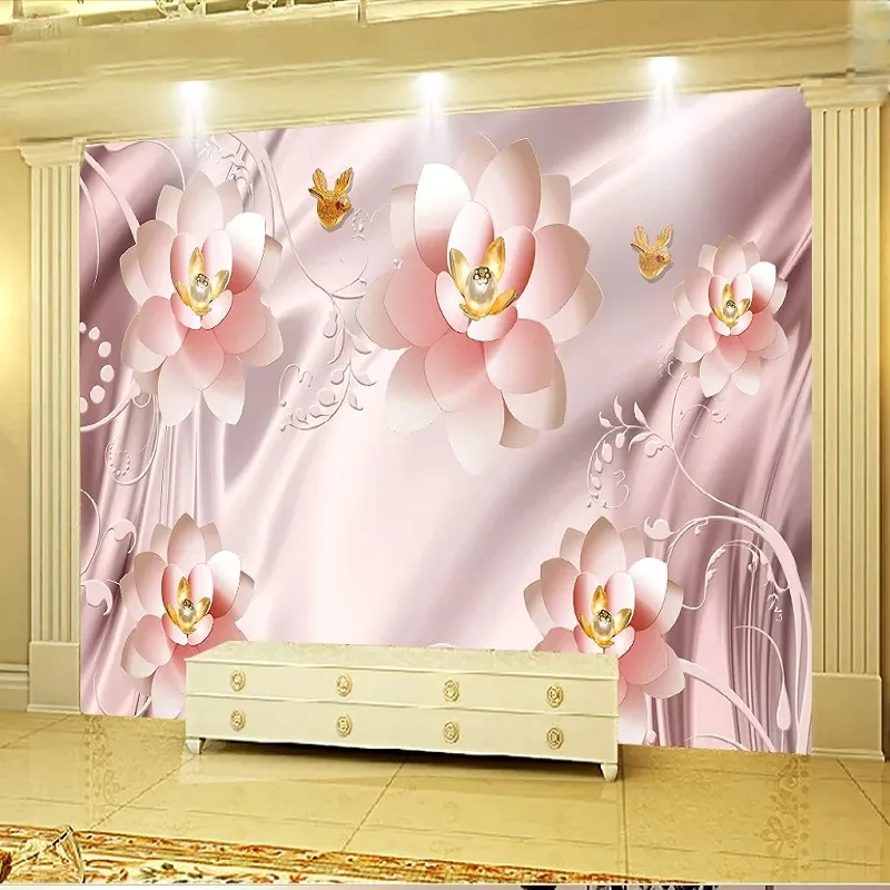 

Custom large mural 3D wallpaper Modern fashion creative flower luxury golden lotus pink TV back wall decor deep 5D embossed