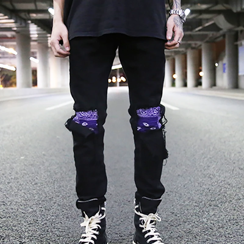 Plegie Bandana Patchwork strappato sul ginocchio Jeans da uomo Jeans High  Street uomo pantaloni in Denim Hip hop pantaloni slim fit jeans neri|Jeans|  - AliExpress