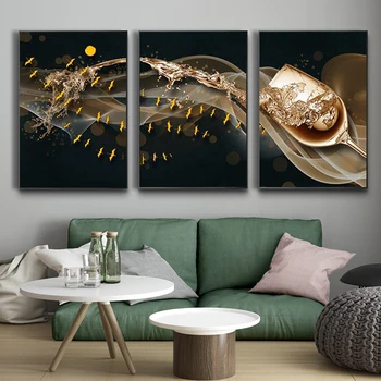 

RELIABLI ART Canvas Paintings Golden Wine Glass And Fish 3panels Wall Art Pictures For Living Room Decorative Posters No Frame