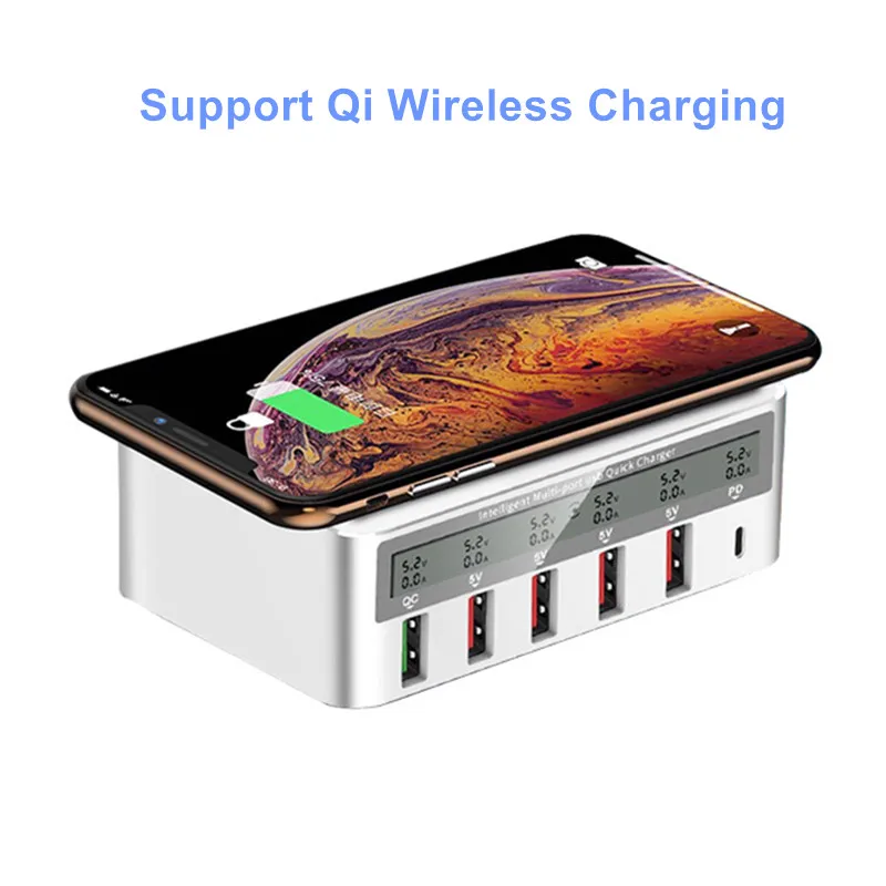 20W Multi 5 USB Smart Charger Qi Wireless Charger For Iphone X 8 11 Samsung LCD Quick Charge 3.0 Fast Wireless Charging Station