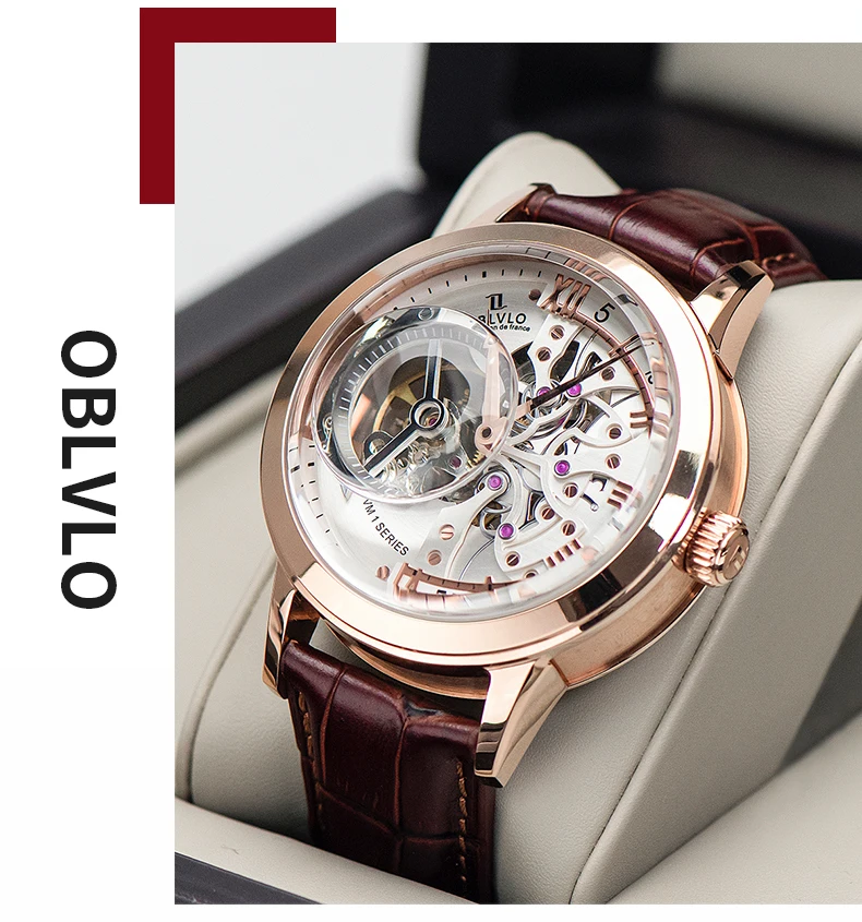 OBLVLO Designer Skeleton Watches Black Steel Automatic Watches Genuine Leather Top Brand Luxury Relogio Masculino VM