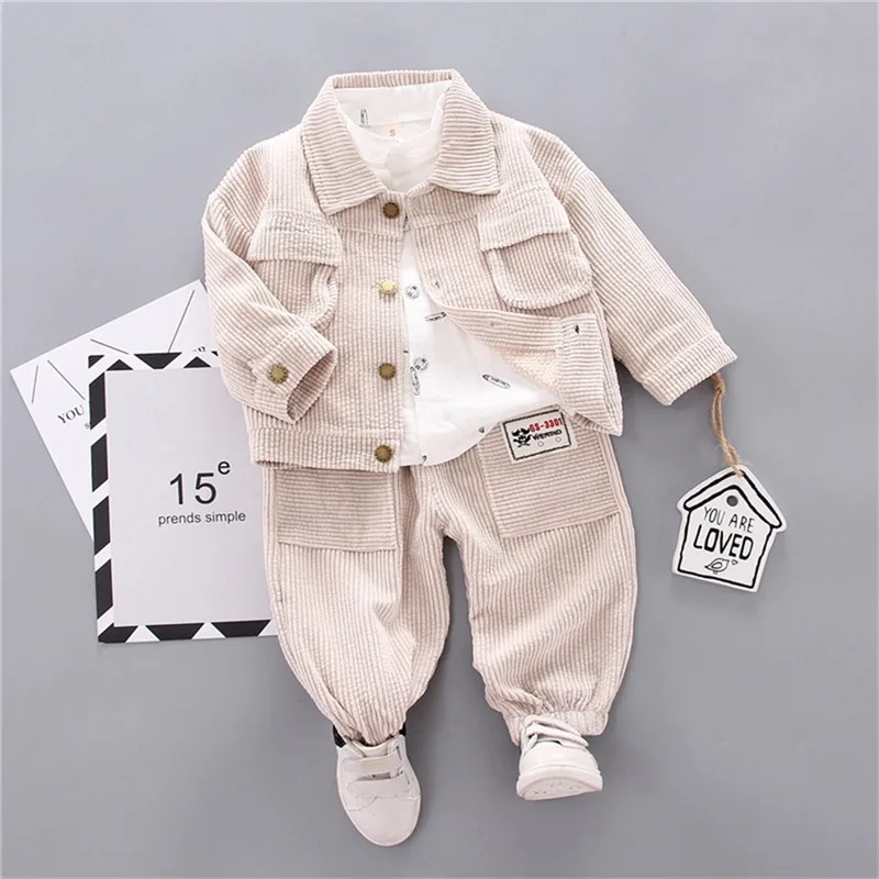 Осенне-зимняя одежда для мальчиков 1-6 лет теплое пальто+ рубашка+ штаны, леггинсы с карманами, комплект детской одежды из 3 предметов, повседневная одежда - Цвет: Бежевый