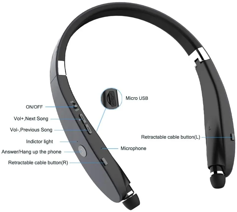 Bluetooth Headphones Wireless Neckband Headset Retractable Earbuds Noise Cancelling Stereo Earphones for Workout Running Driving 4
