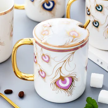 

Modern Ceramic Coffee Mug with Lid and Spoon Office Print Porcelain Mug Milk Pink Kubek Do Kawy Retro Tea Mug Chinese HH50MK