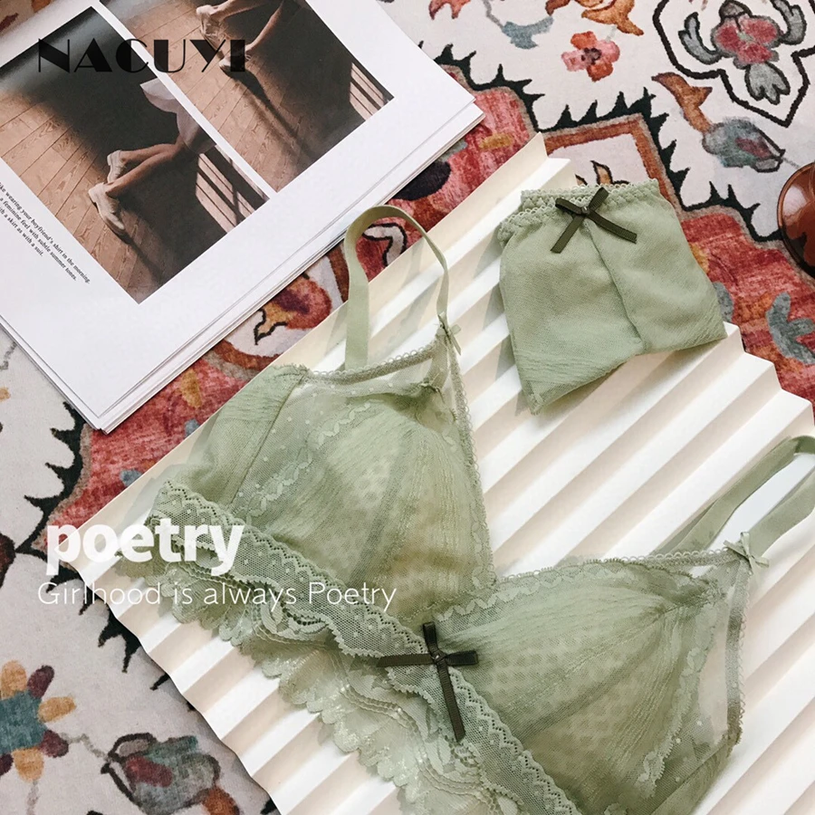 bra and knicker sets cheap NACUYI-Women's Lace Bra Set Comfortable Push Up Underwear Sexy mesh Lingeries Light Green bralette Without Underwire ladies underwear sets