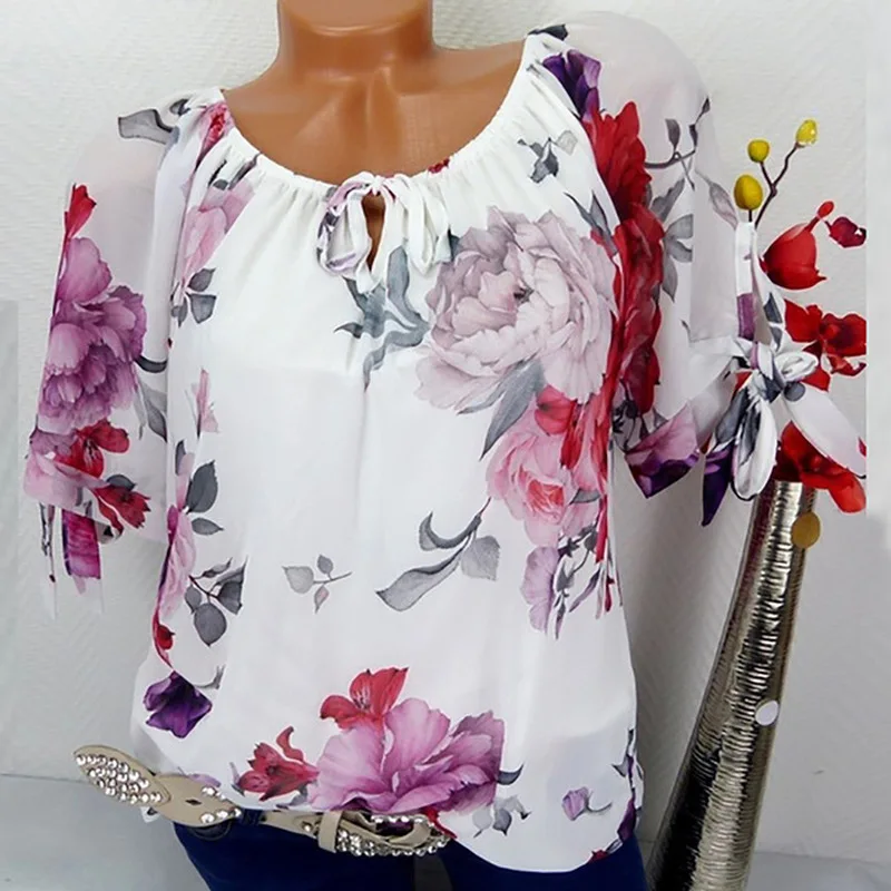 S 5xl Plus Size Tops Office Women Short Sleeve Blouse Vintage Floral Print Blouses Casual Chiffon Pullover Fashion Loose Shirt
