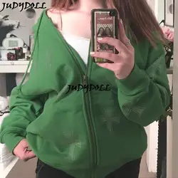 Y2K Moda Strass Zíper Hoodies Enormes E menina Sólida Do Vintage Carta de Manga Longa Camisolas Pretas Outono худи оверсайз